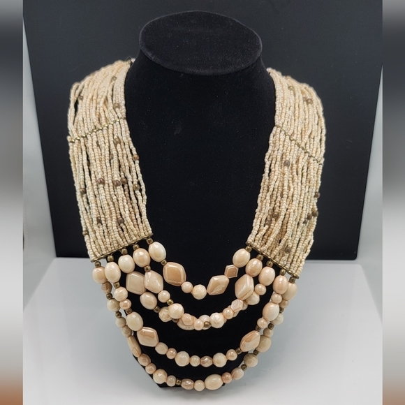 Cream beaded multi strand necklace. GUC - Picture 1 of 8
